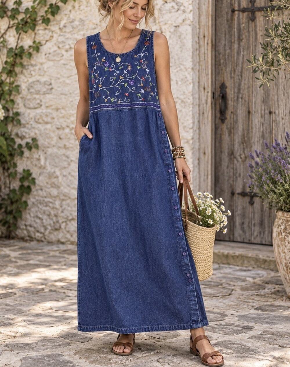 Vintage 90's Ericka Sz L Ctn Denim Embroidered Side Btn Sleeveless Shift Dress